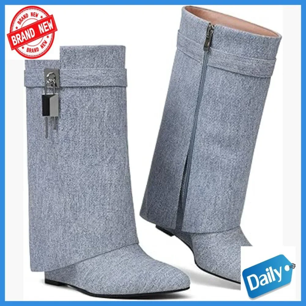 Wedge Heel Ankle Booties with Fold Over Design and Side Zipper